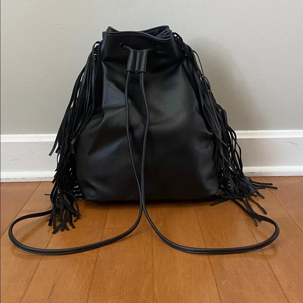 Victoria Secret Black FAUX Leather Fringe Drawstring Backpack bag - Picture 3 of 7